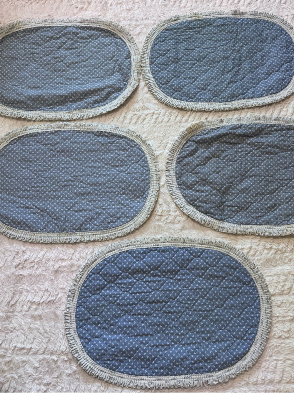 Vintage 70s Quilted Floral Ruffle Placemats Set of 5 Blue White Cottagecore